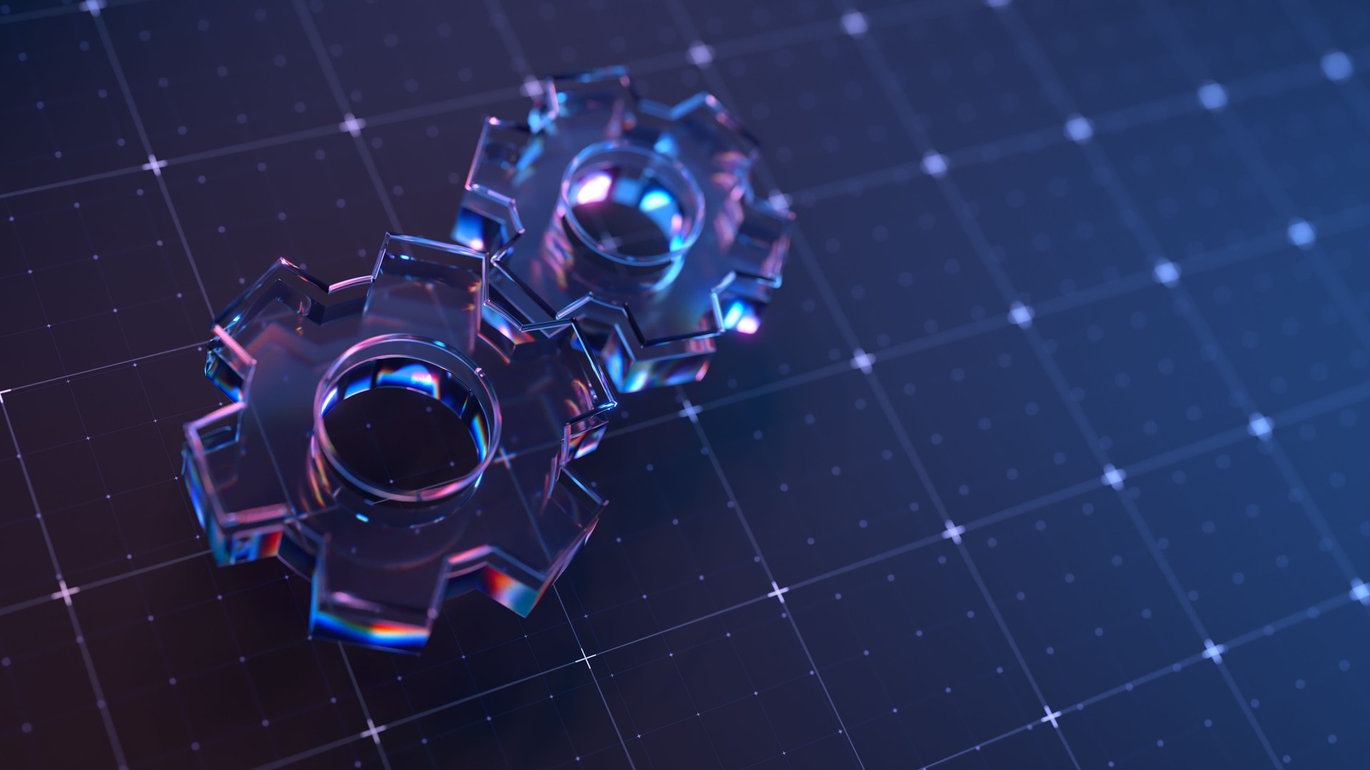 Futuristic Transparent Gears on Digital Grid Background in Neon Light